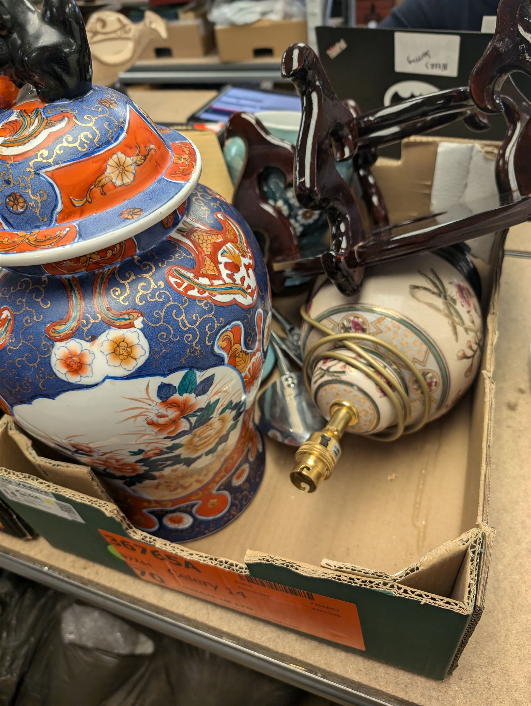 Two Chinese style vases with covers, large Chinese hardwood stand, other ceramics and glass ware and a collection of perfumes and scent bottles