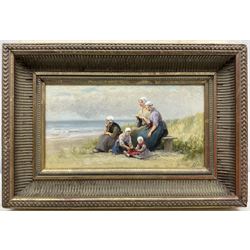 Edith Hume (British 1843-1906): Girls on the Beach, oil on panel signed 14cm x 26cm