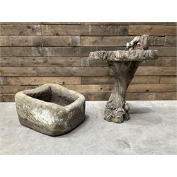 Small 19th century square stone trough and a cast stone bird bath