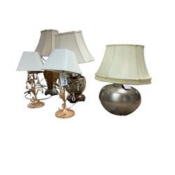 Collection of five lamps, including pair with foliate decoration, one of baluster form upon a stepped circular base etc, largest H65cm  