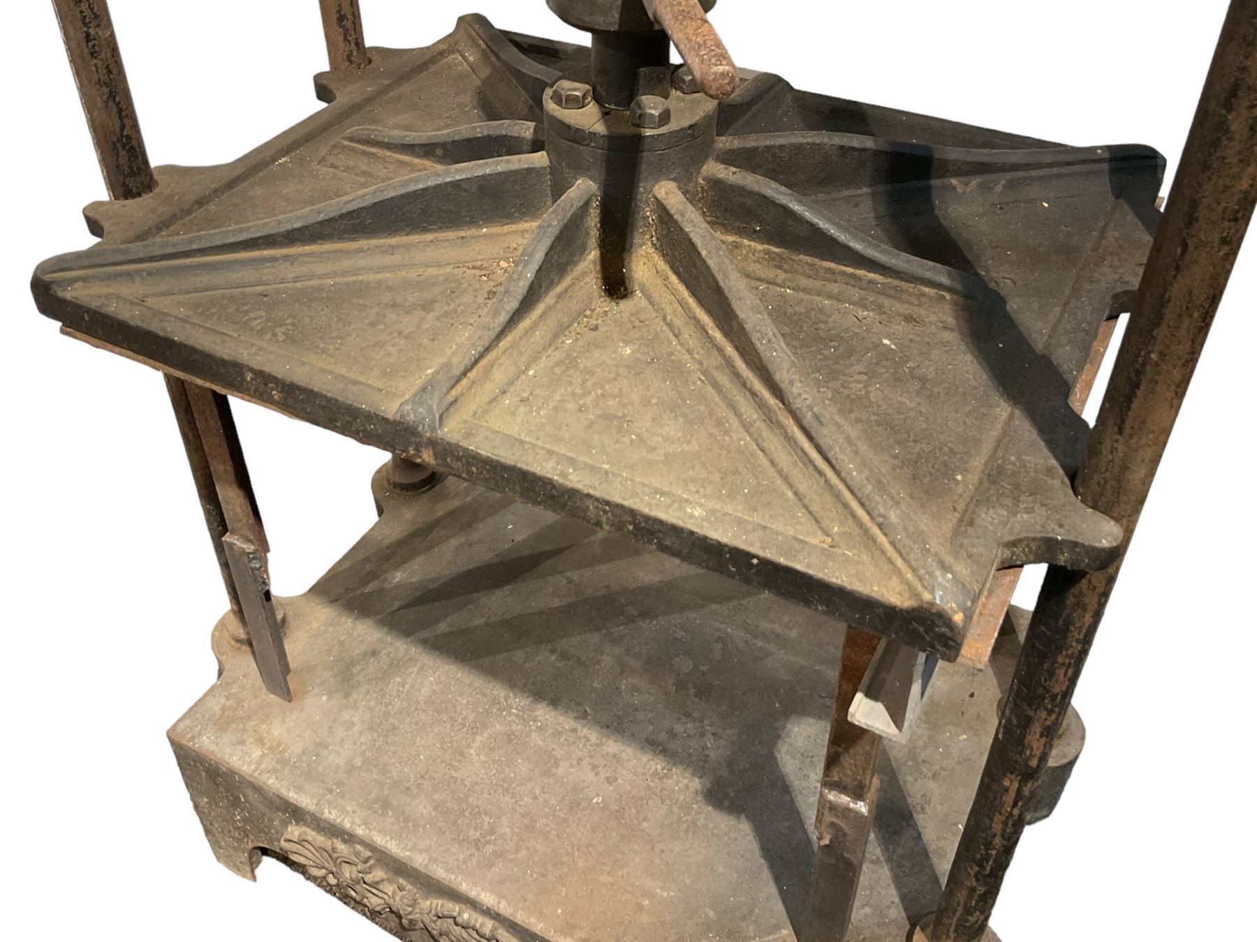 19th century and later cast iron book press on stand, with large screw action