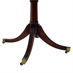 RBC Furniture (Made in England) - Georgian design mahogany dining table, rectangular top with rounded corners, satinwood and burr walnut bandings, two D-ends with two additional leaves and support rails, on barrel turned pedestals with four out-splayed reeded supports, brass cups and castors 