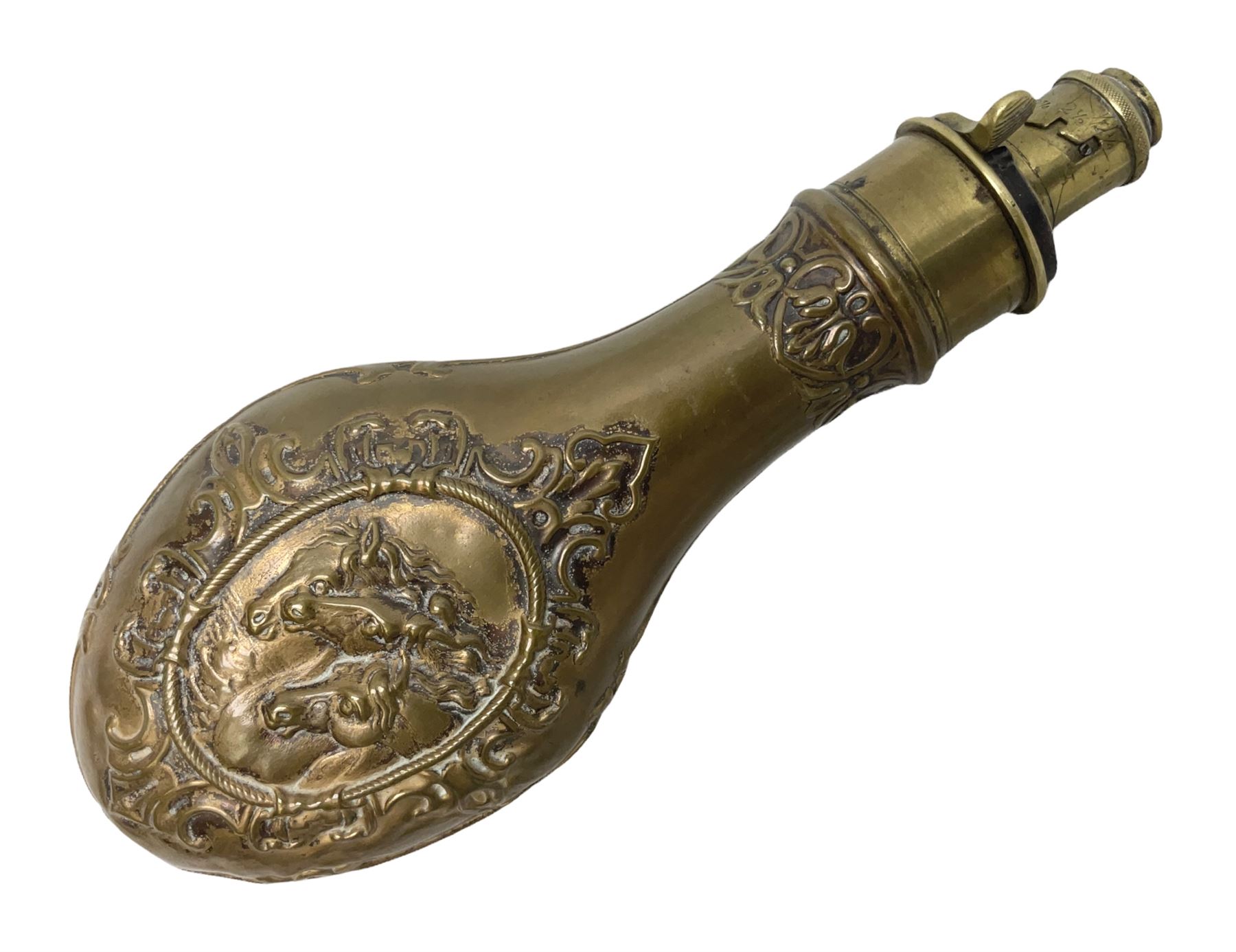 Copper and brass powder flask by G. & J.W. Hawksley Sheffield with