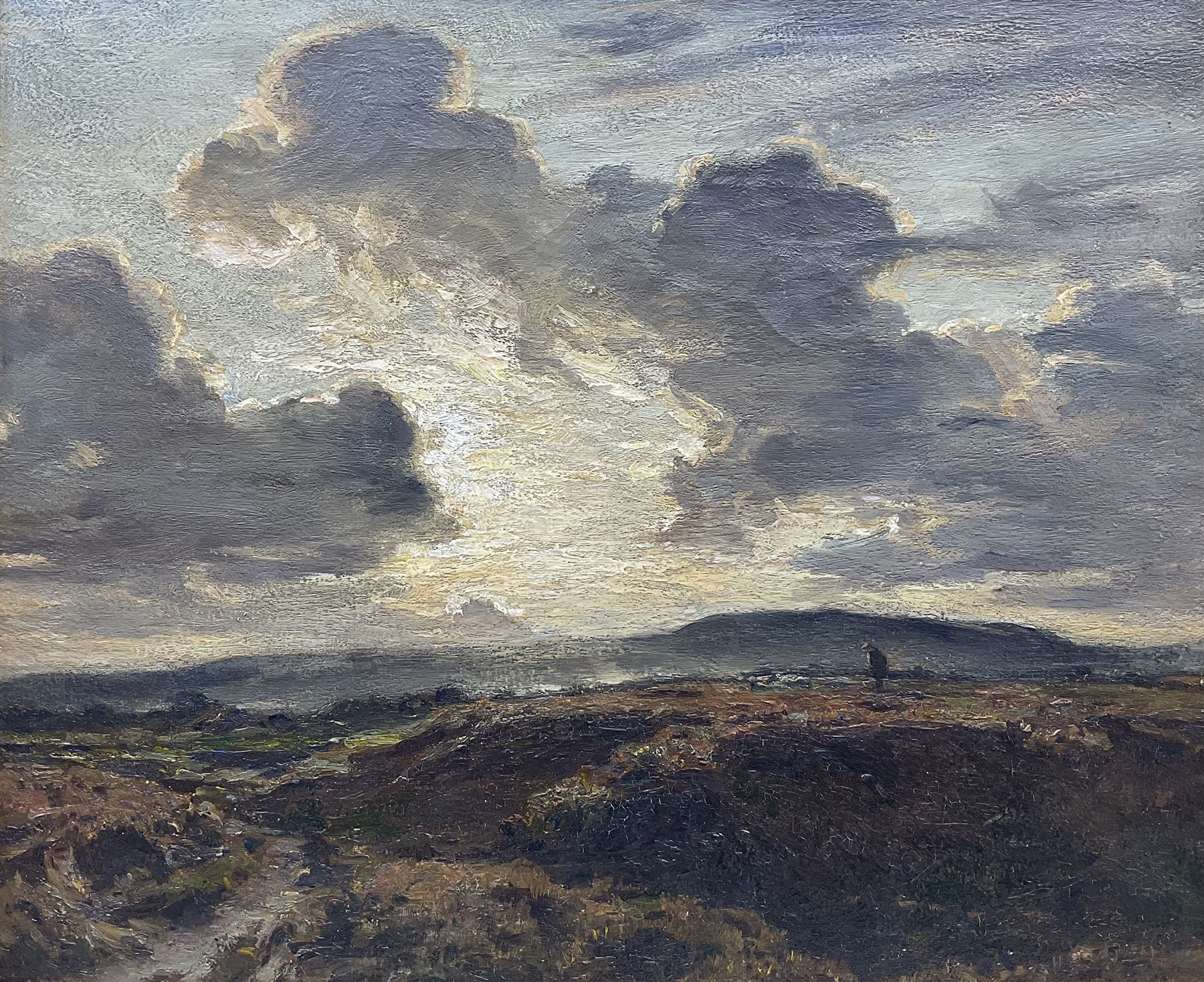 Arthur A Friedenson (Staithes Group 1872-1955): 'Across the Heath - Evening', oil on canvas signed and dated 1913, original title label verso 49cm x 59cm 