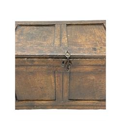 17th century panelled oak blanket chest or kist, quadruple panelled hinged lid over quadruple panelled front, moulded frame and pegged construction, on stile supports