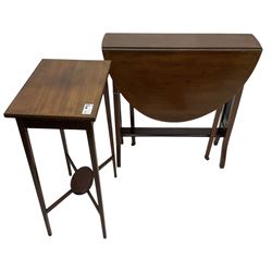 Edwardian inlaid mahogany rectangular occasional table (45cm x 31cm, H72cm); Edwardian mahogany drop-leaf Sutherland table (76cm x 92cm x 74cm)