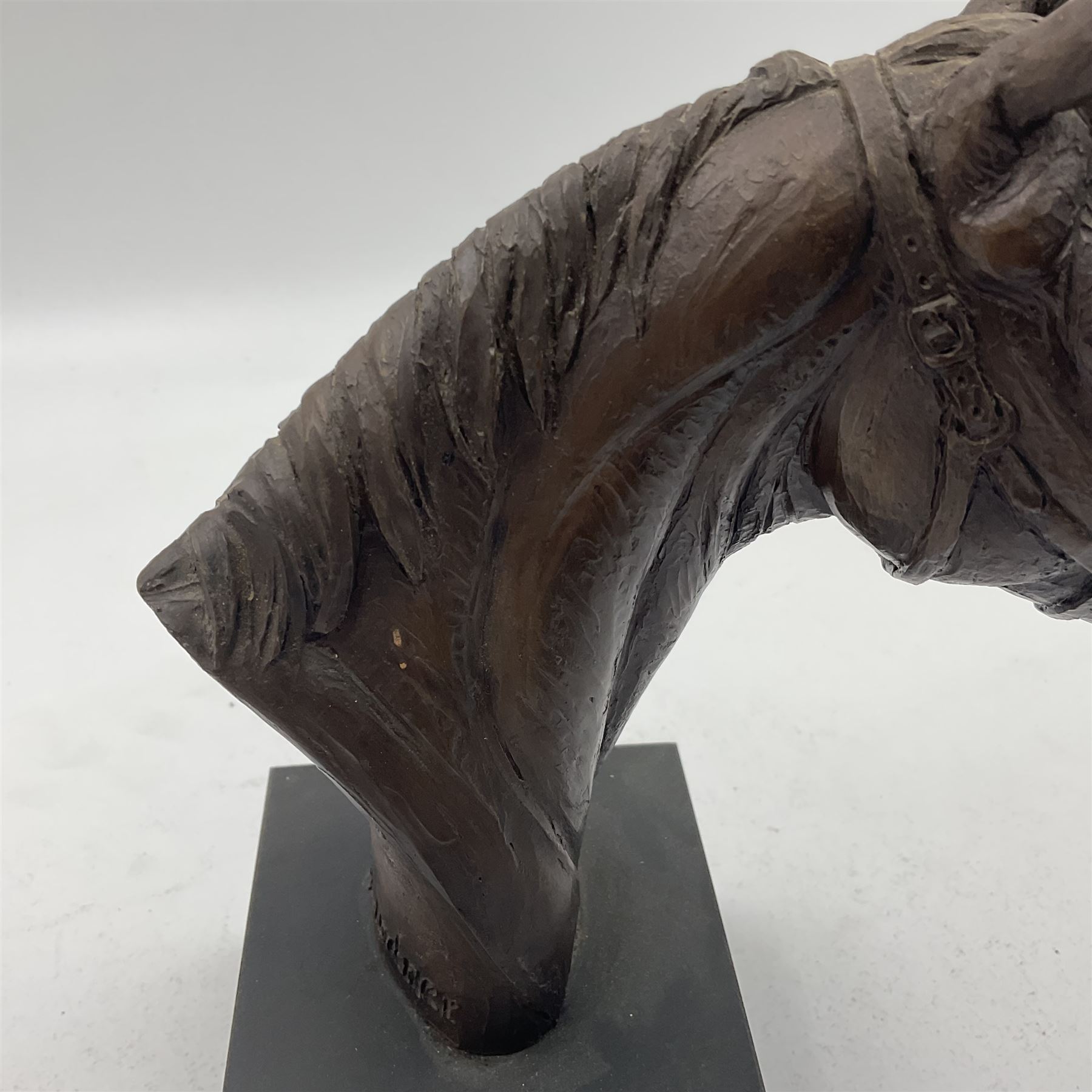 Bronzed composite bust of a horse's head, modelled by Doris Lindner, upon rectangular base, signed to base, H20.5cm