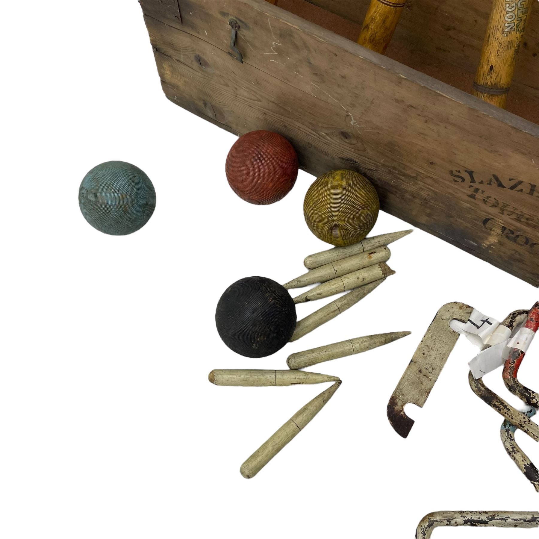 Slazenger - early 20th century croquet set, with wickets, stakes, mallets and balls, in wooden carry box 