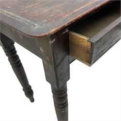 Victorian painted pine side table, moulded rectangular top over two drawers, on turned supports 