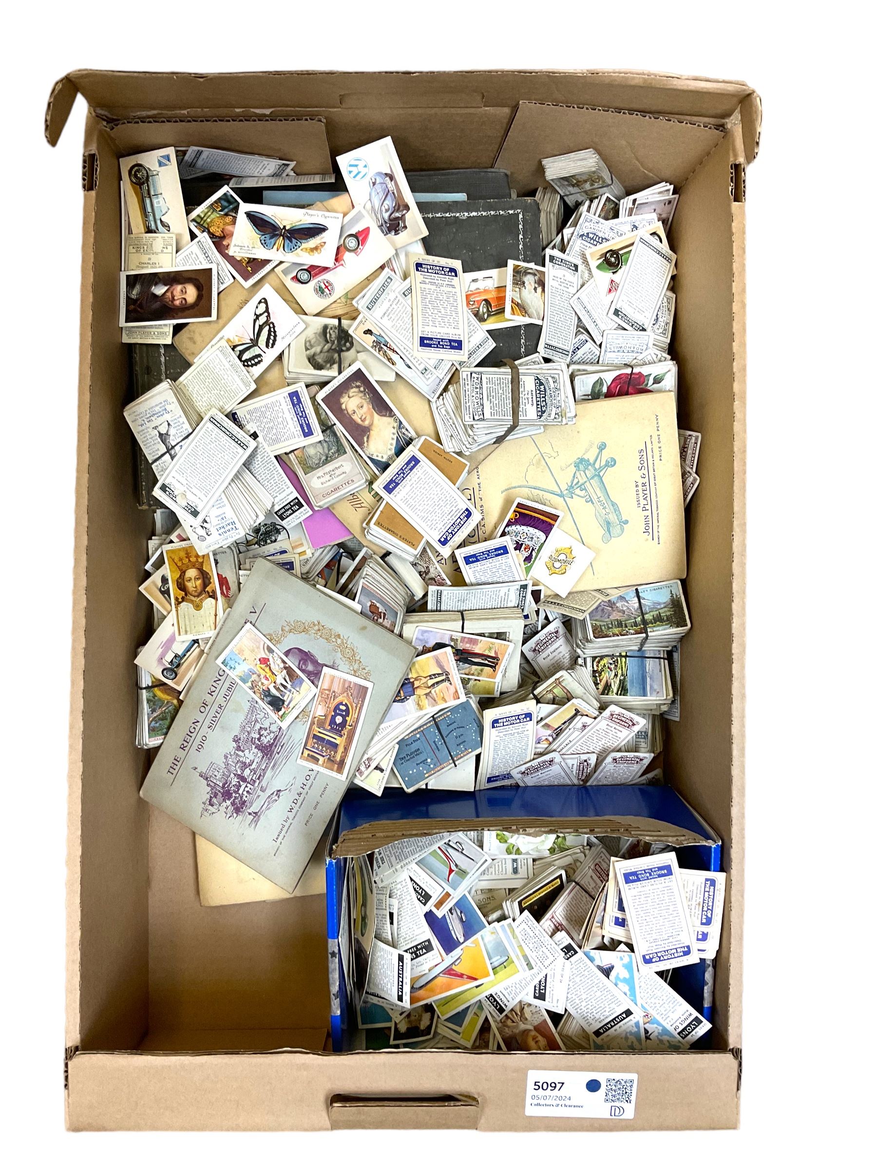 Collection of cigarette cards, sets and part sets, loose and contained within booklets, to include examples by wills, John Player & Sons, Sarony, etc., Famous Inventions, Cries of London, Roses, Overseas Dominions, Allied Army Leaders, Military Motors, etc., in one box