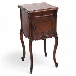 Early 20th century walnut bedside pot cupboard, shaped variegated rouge marble top within ...