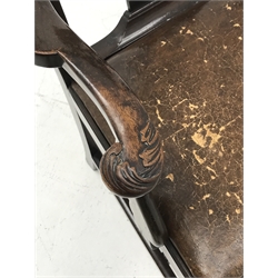 Georgian mahogany armchair, shaped cresting rail over a Gothic pierced splat, arms with acanthus scrolled terminals, leather drop in seat, moulded square supports, W62cm (total)