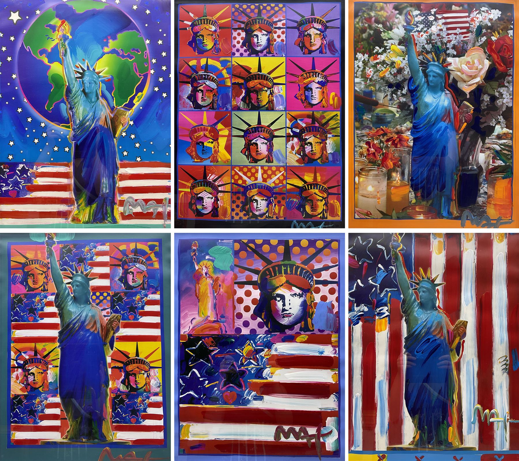 Peter Max (American 1937-): 'United we Stand', 'Liberty and Justice for All', 'God Bless America - With Five Liberties', 'God Bless America II', 'Peace on Earth', and 'Land of the Free, Home of the Brave', set of six mixed media with acrylic and colour lithography 59cm x 44cm (6)