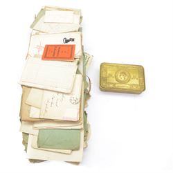 WWI 1914 Princess Mary Gift Tin, complete with original packet of tobacco and cigarettes, 1914 Christmas card, together with a large collection of letters written to Miss Oxbury of Scarbrough during WWI  