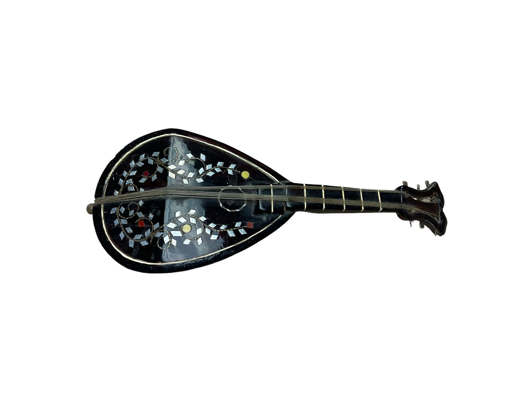 Faux tortoiseshell and pewter inlaid miniature mandolin with musical movement, L22cm