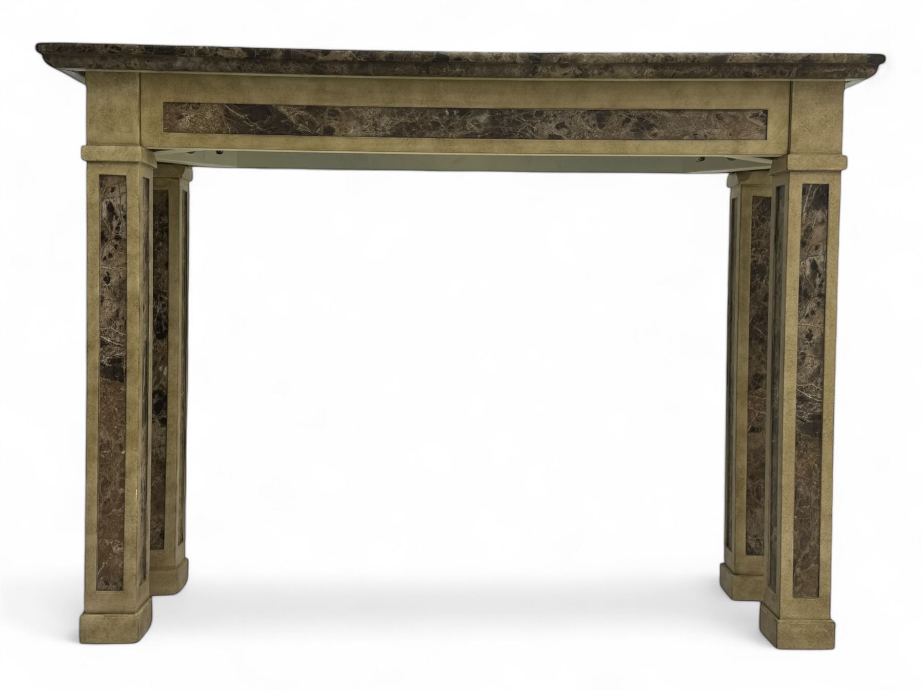 Rectangular console table, variegated marble top, on square supports with block feet 