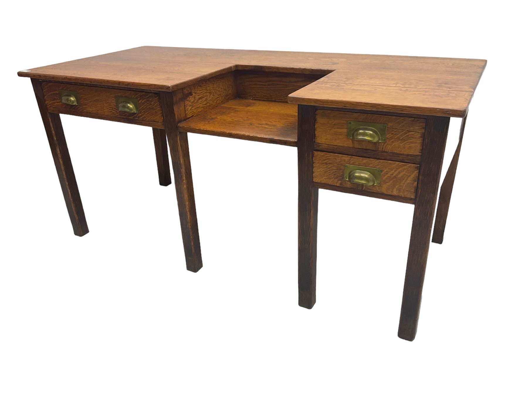 Early 20th century oak clerks desk, fitted with drop centre and drawers, on square supports