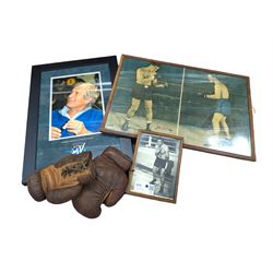 Signed photograph of British boxer Freddie Mills, together with a framed print of boxers Joe Louis and Billy Conn, a signed picture of Giacomo Agostini and a pair of 1930s brown leather boxing gloves