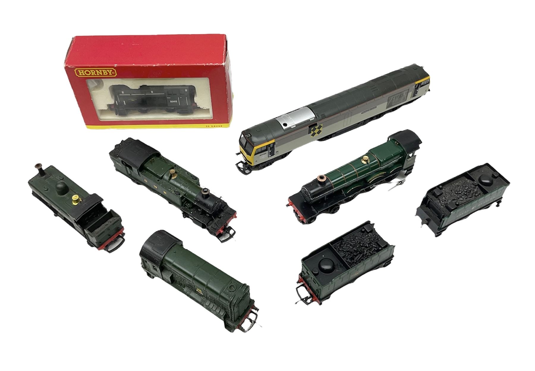 Hornby '00' gauge - diesel 0-4-0 shunting locomotive No.D2412; boxed; GWR 2-6-2 tank locomotive No.6110; GWR 0-6-0 tank locomotive no.2744; diesel 0-6-0 shunting locomotive No.3005; 4-6-0 locomotive 'Burton Hall' No.6922 with tender; and another six-wheel tender; together with Lima diesel electric locomotive 'Thomas Barnardo' No.60055 (7)