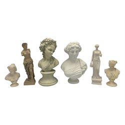 Parian ware model of a female bust on socle plinth, H20cm, resin model of 'Venus', together with other resin and composite classical figures and busts, H42cm max (6)