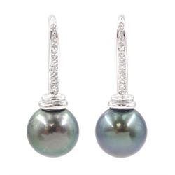 Pair of 18ct white gold Tahitian pearl and diamond pendant earrings, hallmarked