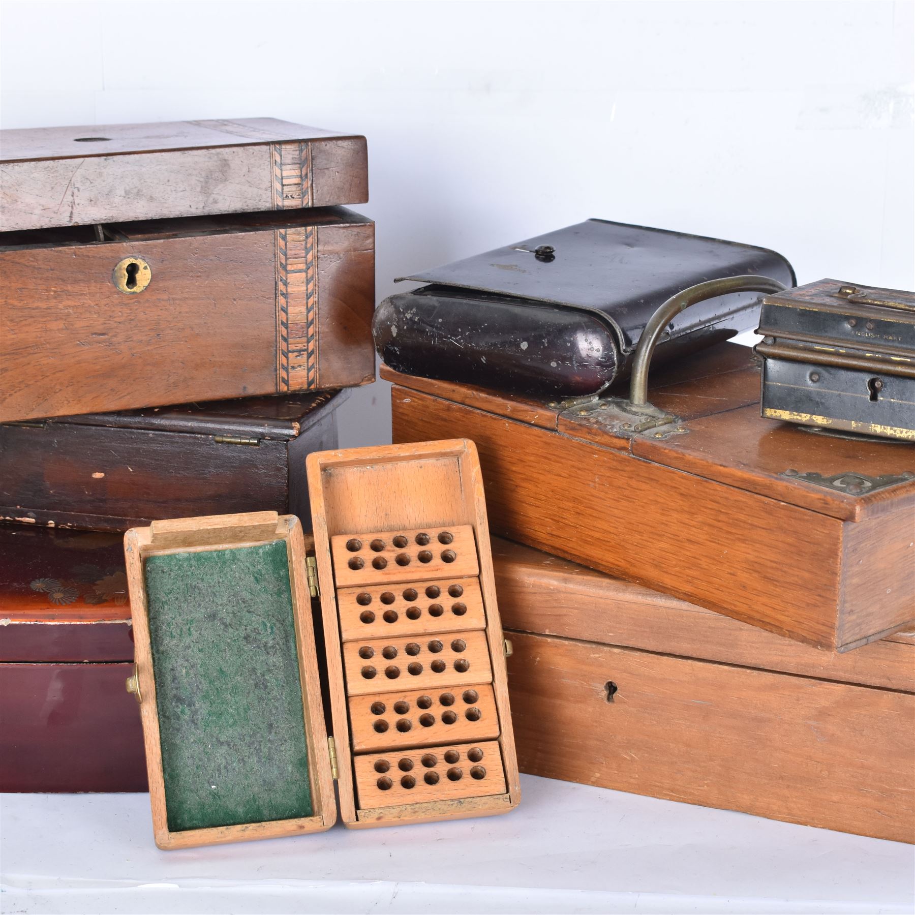 Group of wooden boxes and tins, including oak two compartment cigarette box, money tins, inlaid tea caddy, etc