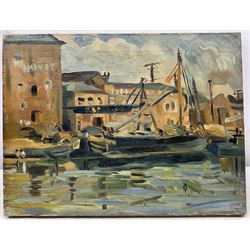 Muriel Metcalfe (British 1910-1994): Loading Boats at the Hovis Factory, oil on canvas, possible remains of signature l.r., attributed verso 30cm x 40cm (unframed)