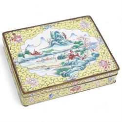 Chinese enamelled trinket box, decorated with figures in a mountainous river landscape, with a two division interior, 15cm x 11.5cm, a cinnabar box and cover, a blue and white porcelain bowl and a coffee can (4)