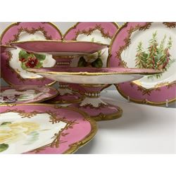 Victorian dessert service, comprising four comports and nine plates, each decorated with floral sprigs to the centre with a pink and gilt border, largest comport H13cm, plate D22.5cm