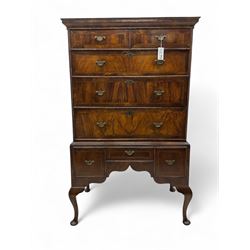 18th century walnut chest on stand, projecting moulded cornice over two short and three lo...