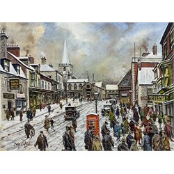 Peter Lapish (British 1937-): 'Market Place Pickering circa 1930s', acrylic on paper signed, titled verso 27cm x 37cm