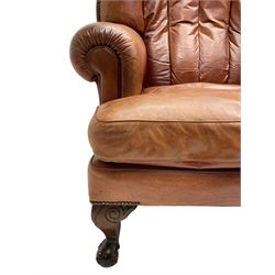 Tetrad - 'Blake' club armchair, fanned wingback and rolled arms upholstered in tan brown leather, on ball and claw carved cabriole feet 