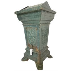 Early 20th century cast iron litter bin, square tapering form with scrolling foliate decoration, on paw feet