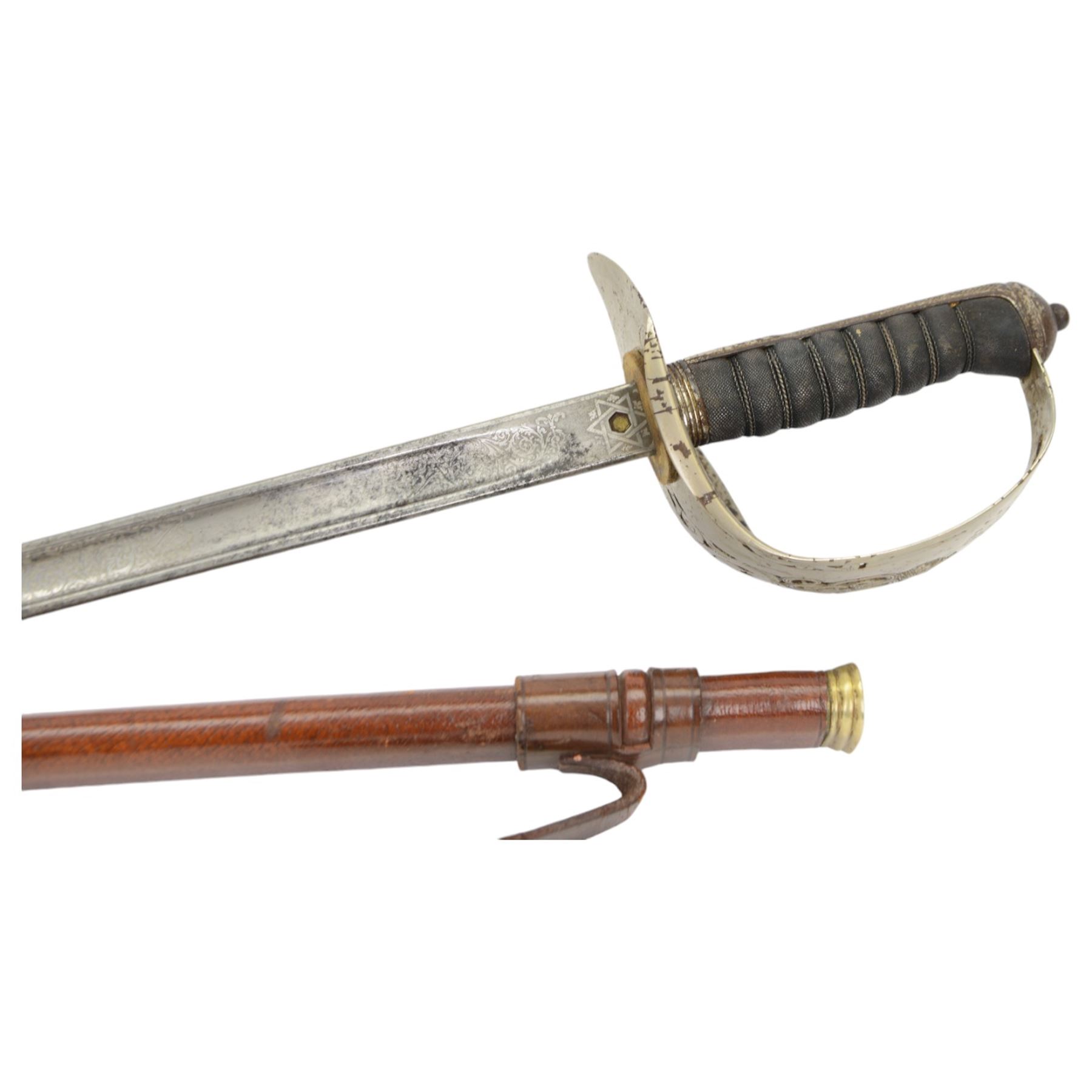 British Officer's Infantry sword, by Henry Wilkinson, the blade engraved with coats of arms and foliate scrolls, wire bound leather grip, in a leather scabbard, blade length L86cm