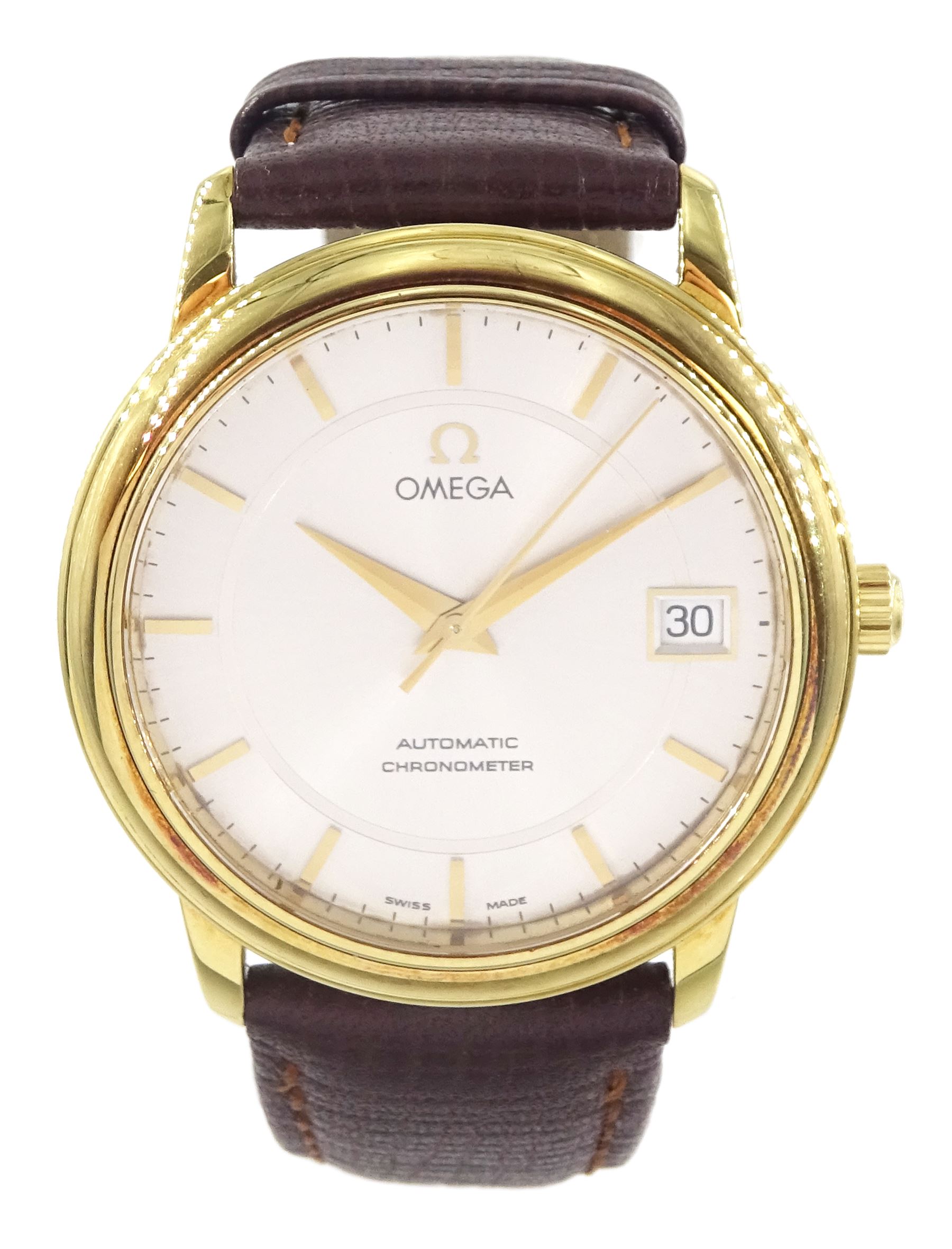 Omega De Ville Prestige gentleman's 18ct gold automatic chronometer wristwatch, Ref. 168.1050, Cal. 1120, serial No. 60180809,  silvered dial with baton hour markers and date aperture, on Omega brown leather strap, with Omega gilt buckle