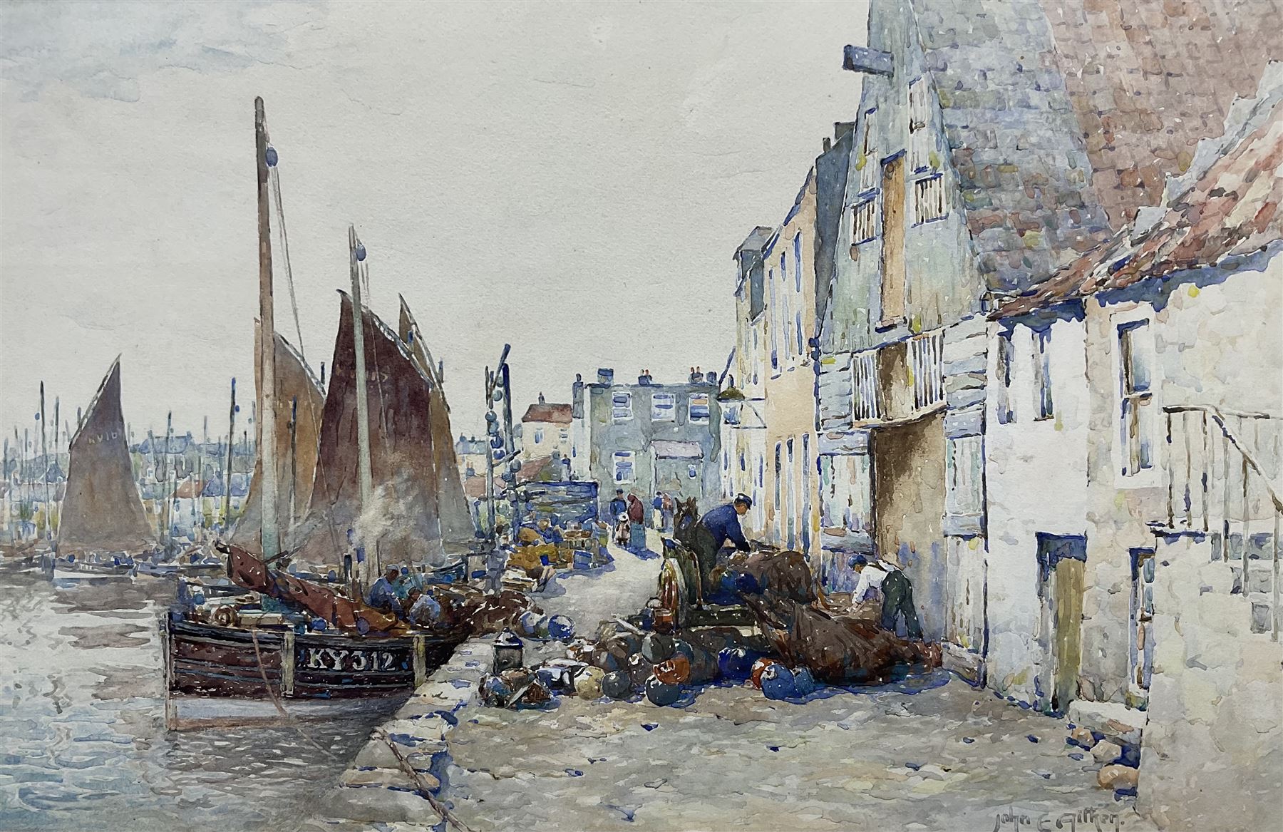 John Ernest Aitken (Scottish 1881-1957): 'The End of the Herring Season - Storing the Nets at St Monans', watercolour signed, titled verso (within the frame) 31cm x 48cm