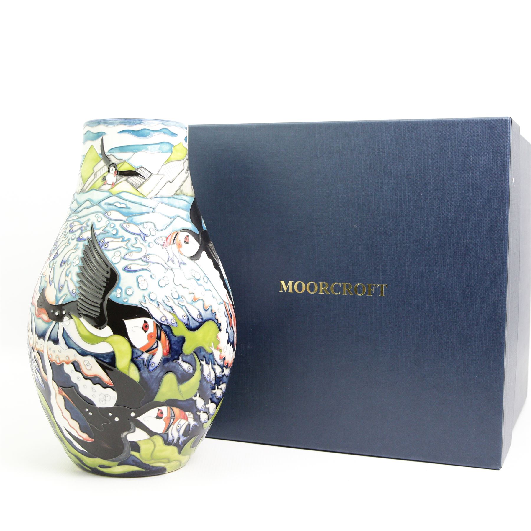 Large Moorcroft limited edition vase decorated in the Skomer Island pattern by Helen Dale, no. 26/30, signed and dated 2017, boxed, H31cm