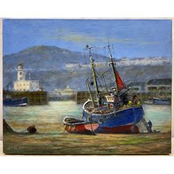 Jack Rigg (British 1927-2023): 'Spring Tide' - Scarborough Harbour, oil on canvas signed and dated 2019, titled verso 41cm x 51cm (unframed)