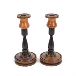 Pair of turned specimen wood candlesticks, including rosewood, H26cm