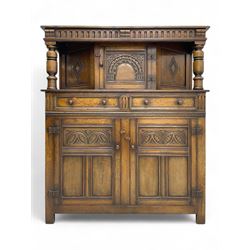 Jacobean design oak court cupboard, upper section with carved arched panelled cupboard doo...