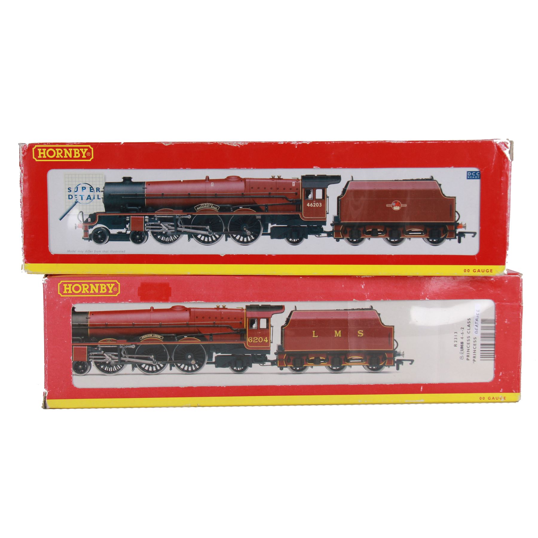 Two Hornby '00' gauge locomotives, comprising R2559 BR Princess Class 4-6-2 locomotive re-worked as Princess Louise no. 46204 and R2313 BR Princess Class 4-6-2 re-worked as Princess Beatrice no. 46209, both boxed