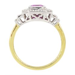 18ct white and yellow gold pink sapphire and diamond cluster ring, emerald cut sapphire, with milgrain set round brilliant cut diamond surround and baguette diamond shoulders, hallmarked, sapphire 1.30 carat, total diamond weight approx 0.50 carat