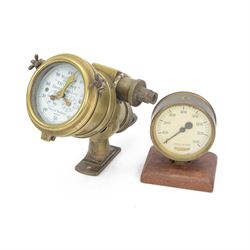 20th century Walker's Patent 'Trident' electric ship's log, the circular enamel dial with Arabic outer scale with two further subsidiary dials for miles, together with a Buck & Hickman brass pressure gauge mounted on a wooden base 