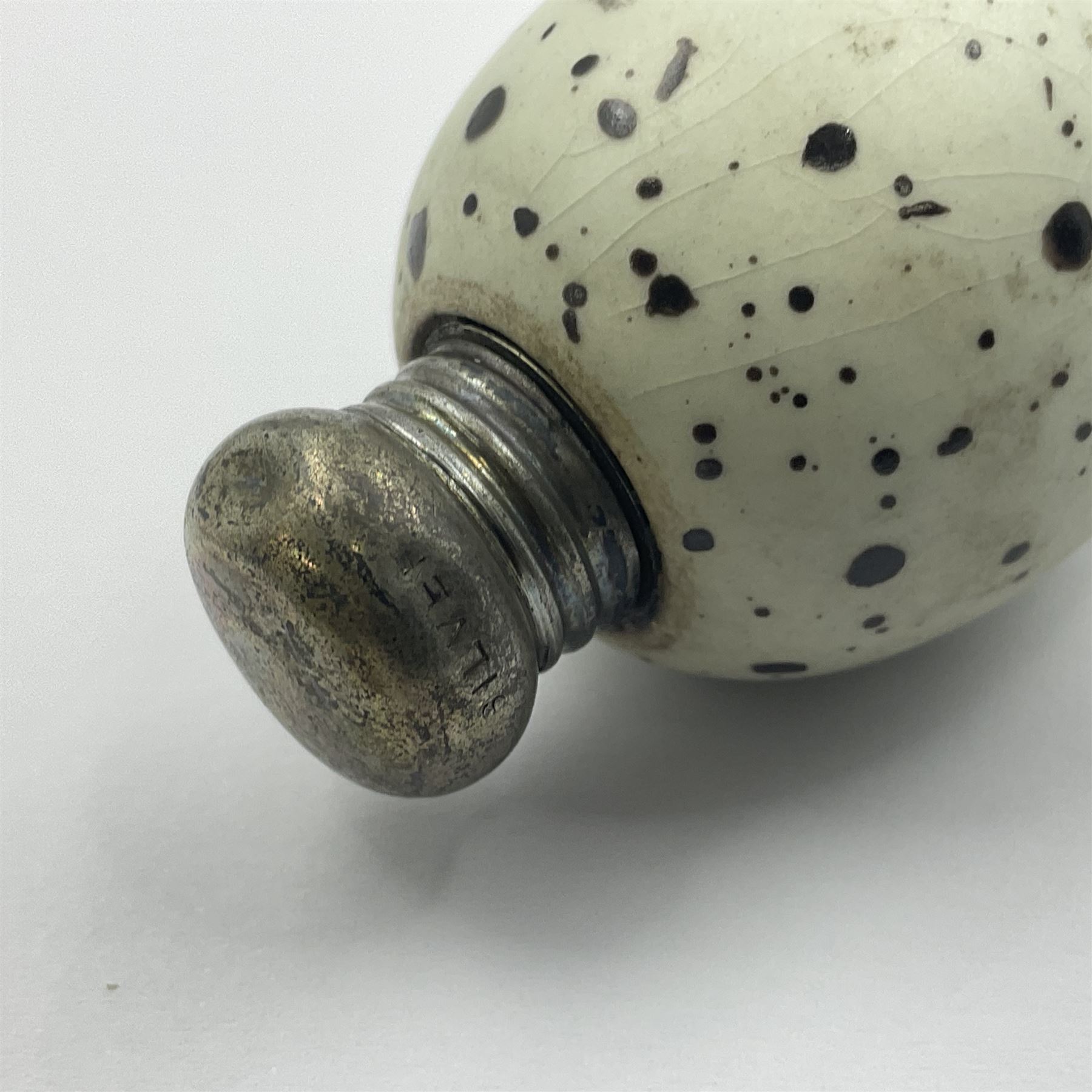 Victorian silver mounted scent bottle, modelled in the form of an egg, possibly McIntyre, the screw threaded cover stamped Silver, the body marked with registration no. 20772, H5.5cm