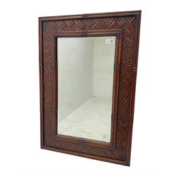 Chinese design bamboo and wood rectangular wall mirror, parquetry lattice-work bamboo, bevelled plate