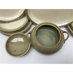 Denby tea and dinner wares, including bowls, jugs, tureens, side plates, dinner plates, serving dishes, cups and saucers, coffee pot, etc, all decorated with a green and brown mottled glaze, with printed marks beneath, in two boxes 