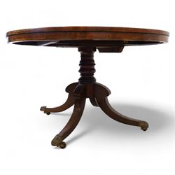 George III mahogany and rosewood banded breakfast or centre table, circular tilt-top with figured veneers and rosewood band, on turned column with four out-splayed supports, ornate cast brass castors 