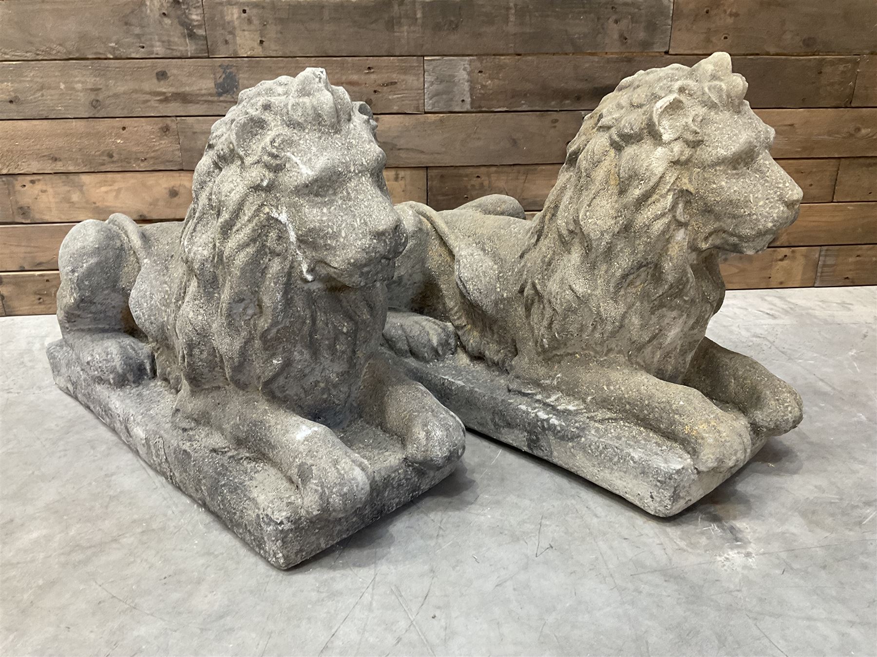 Pair of large cast stone Langport recumbent garden lions, rectangular plinth base