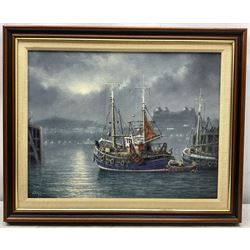 Jack Rigg (British 1927-2023): Trawlers in Scarborough Harbour by Moonlight, oil on canvas signed, dated 1996 verso 34cm x 44cm