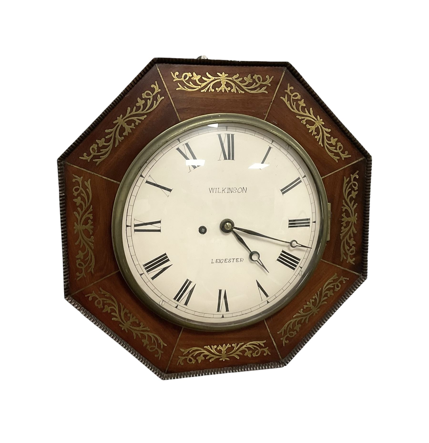 Wilkinson of Leicester - mid-19th century octagonal mahogany cased 8-day wall clock, dial surround inlaid with brass fretwork and a cast brass bezel, 10